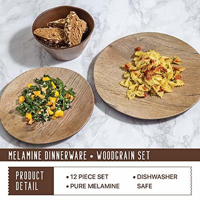 Melamine Dinnerware Sets - 12 Pcs Wood Grain Plates