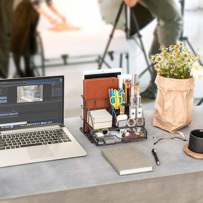 Rose Gold Desk Organizer for Women, Mesh Office Supplies Desk Accessories,  Features 5 Compartments + 1 Mini Sliding Drawer