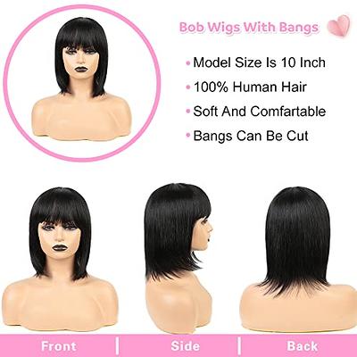 LUVME HAIR 10 Inch Short Black Bob Wig with Bangs Human Hair Yaki