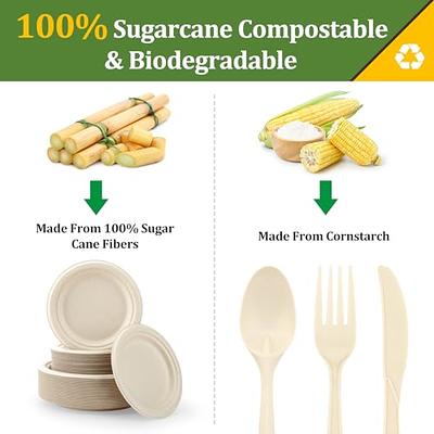 Heavy Duty Paper Plates Set for Dinner, Sugarcane Disposable Eco,9 Inch and  7 Inch Party Plates,Forks,Knives and Spoons Set for 50 People [250 PCS] 