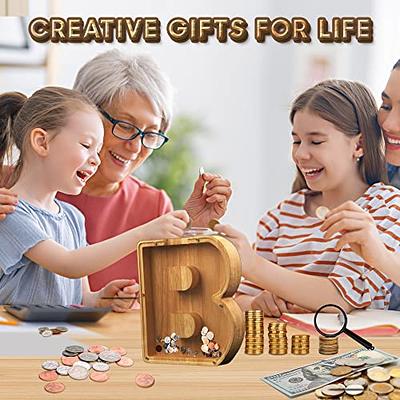 Personalized Letters Wooden Piggy Bank for Boys and Girls, AZ Letters Coin  Bank Money Box with Clear Alphabet Stickers, Money Saving Bank for Family