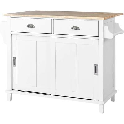 White Wood 53.1 in. Kitchen Island on 5-Wheels with Storage Cabinet and 3-Drawers for Dinning Room LH-705