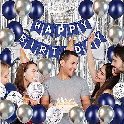 Black and Blue Party Decorations, Happy Birthday Decorations for Men Women Birthday Black Party Decor with Foil Fringe Curtains and Crown, Party