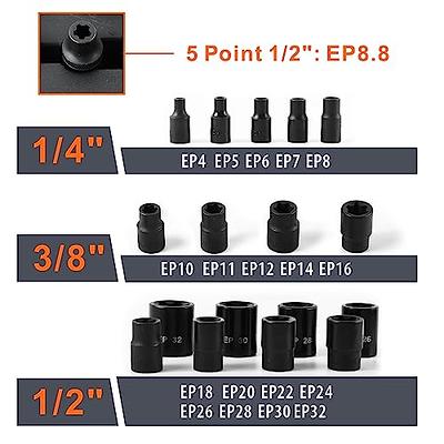 External Torx Plus Socket Set 19 Pc,6 Point EP Socket 1/4 '' EP4