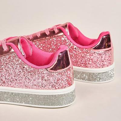 Miluxas Women's Glitter Tennis Sneakers Neon Dressy Sparkly Sneakers  Rhinestone Bling Wedding Bridal Shoes Shiny Sequin Shoes Clearance Pink  9(42) 