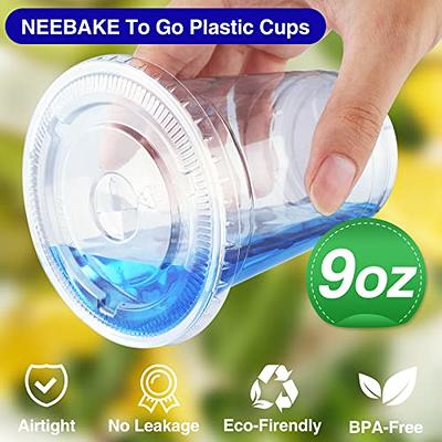 9oz Disposable Clear Plastic Cups with Flat Lids and Straws Iced