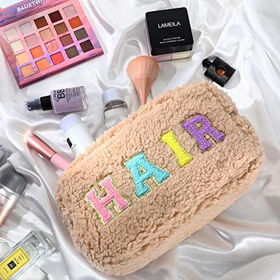 1 Piece Women Girls Preppy Cute Cosmetic Makeup Bag Plush Travel Toiletry  Bag Fluffy HAIR Stuff Organizer Storage Bag With Chenille Letters