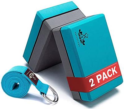 Clever Yoga Blocks 2 Pack with Strap - Extra Light Weight Sweat Repelling Foam  Yoga Block Set with Cotton 8ft Yoga Stretch Strap - Yoga Block and Strap  Set Kit for Beginner