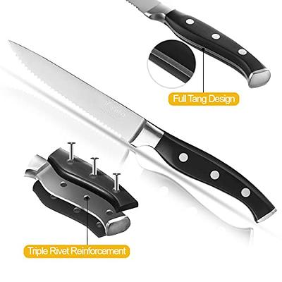 ODERFUN Steak Knives Set of 4, High Carbon Serrated Steak Knives 4.5 Inch,  Full Tang and Ergonomic Handle, German Stainless Steel Steak Knife Set with