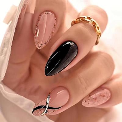 Medium Press on Nails Coffin Fake Nails with Black Stripe Rhinestones  Designs Full Cover Gold Glitter Acrylic Nails Matte Artificial Nails Summer