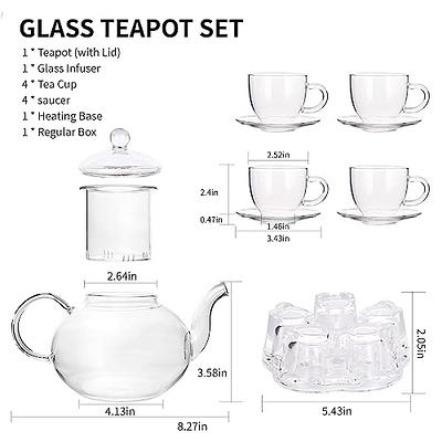 Glass Teapot Set, 34OZ/1000ML Glass Tea Kettle with Loose Tea Infuser &  Warmer, 5OZ/150ML Double-Wall Tea Cup Set of 4, Stovetop & Microwave Safe  Tea