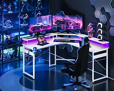  MOTPK L Shaped Gaming Desk with LED Lights, Small Corner  Computer Desk 39inch with Power Outlets, Gaming Table with PC Storage  Shelf, Gamer Desk with Monitor Shelf, Carbon Fiber Texture, Black 