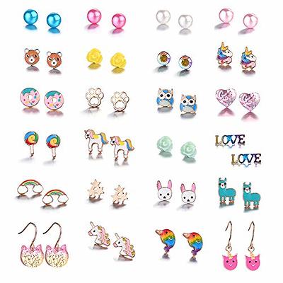 Earrings for Girls Kids Jewelry Cute Earrings Fun Colorful Stud Earrings,  Animal Rainbow Unicorn Cute Earring Jewelry Set Gifts for Teen Girls Women  24 Pairs 