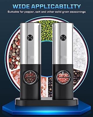 Electric Pepper and Salt Grinder Set, Adjustable Coarseness, Battery  Powered with LED Light and Storage Base, One Hand Automatic Operation,  Stainless