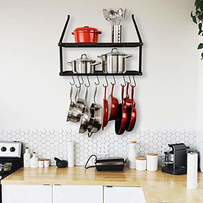Heavy Duty Kitchen Wall Mounted Hanging Pot and Pan Rack Organizer with Ten  Hooks  2-Tiered Shelves for Kitchen Storage Organization, Bakers Rack,  Cast Iron Skillets, Plants, Coffee Mugs (Black, 29) 