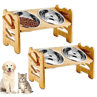 Small Medium Cat Dog Raised Pet Bowl Stand Elevated Feeder w/ Dual 2 Steel  Bowls