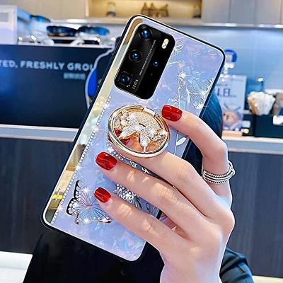  for Samsung Galaxy S22 Plus Case for Women with Ring  Kickstand,Luxury Bling Diamond Pearl Hard Back,Cute Butterfly Flower Design  Soft Rugged TPU Bumper Gold Plating Mirror Strip Shockproof Cover Pink 