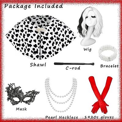 Halloween Costumes Women, 70s Fancy Dress with Black White Wig Lace Mask  Gloves Pearl Jewelry for Cosplay Accessories