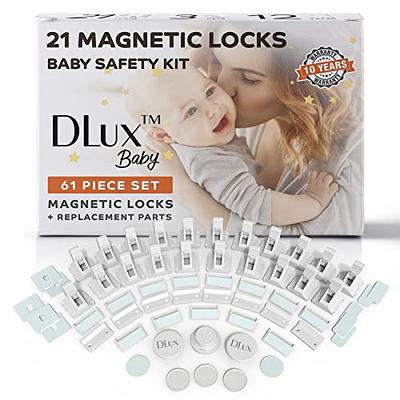 Dlux Magnetic Cabinet Locks Child Safety 41-Piece Kit with Upgraded Adhesive [12 Magnet Locks 2 Keys 4 Corner Guards] Easy Installation No-Drill Baby