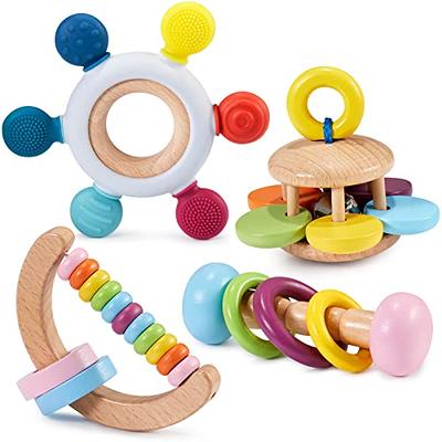 5 Pieces Wooden Baby Toys Wooden Toys for Babies 0-6-12 Months Wood Toys  Rattles with Bells Montessori Wood Baby Push Car Wooden Newborn Toy for