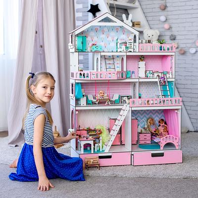 Modern Dollhouse with garage, Wooden dollhouse