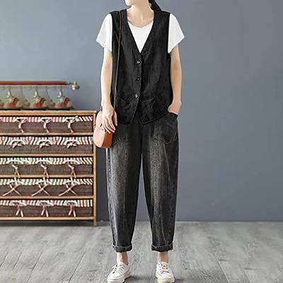 2023 Womens Vest Fashion Casual Sleeveless Button Down Cotton Linen Top  Vests Summer Loose V Neck Blazer Jacket Cropped V Neck Vests Outerwear(A  Black,Small) at  Women's Coats Shop