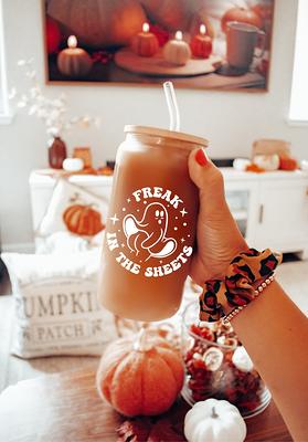 16 Oz Floral Ghost Glass Cup With Lid and Straws Clear or Frosted Glass  Halloween Ghost and Flowers 