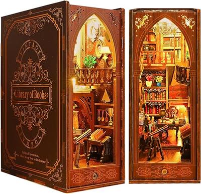 ROBOTIME DIY Book Nook Kit Decorative Booknook Bookshelf Insert Bookcase  Book Stand 3D Wooden Puzzle DIY Miniature House Kit with LED Light Model  Kit