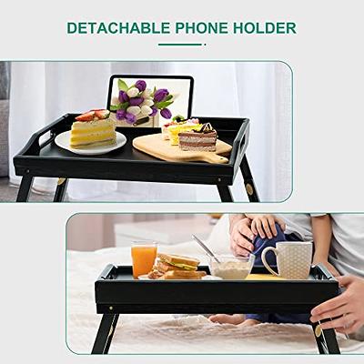 Bed Tray Table for Eating - Bamboo Breakfast Food Table with Phone Tablet  Holder - Adjustable Height Black