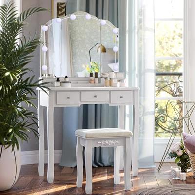 46.7 Makeup Vanity Table with Mirror, Vanity Desk with 5 Drawer, Bedroom Dressing Table, White Latitude Run