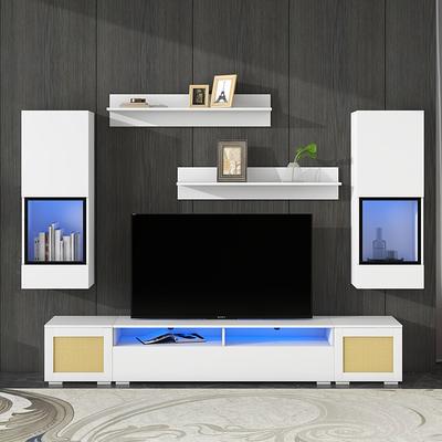 Floating TV Console for TVs Up to 90'', LED Rattan Entertainment Center,  High Gloss Wall Mounted TV Stand with LED Lights, White - Yahoo Shopping