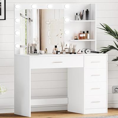 46.7 Makeup Vanity Table with Mirror, Vanity Desk with 5 Drawer, Bedroom Dressing Table, White Latitude Run