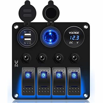 4 Gang Blue Panel Switch LED Voltmeter 12V for Car Marine Cigarette Lighter  Plug