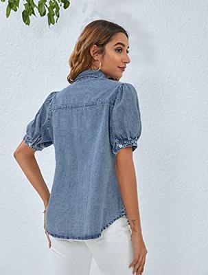 Women Denim Button Down Shirt Short Puff Sleeve Chambray Shirts V Neck Jeans  Casual Work Blouse Tops Blue#3 M at  Women's Clothing store