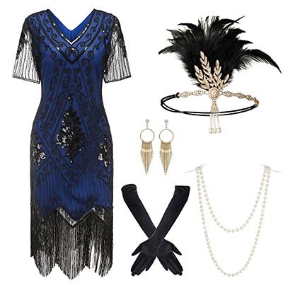 Deluxe Ladies 1920s Roaring 20s Flapper Gatsby Costume Sequins 8-20 Black  Blue