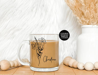 Personalised coffee or tea mug, with engraving on clear glass