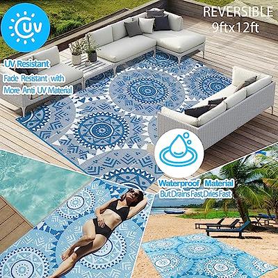 Patio Mats 9x12 Reversible RV Outdoor Patio Mat, Camping Mat, Blue  (Reversible with 2 designs) 