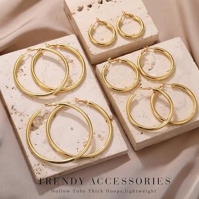 Chunky Gold Hoop Earrings for Women, 14K Gold Plated Thick Triple Twisted Hoop Earrings Hypoallergenic Trendy Chunky Gold Hoops Earrings Dainty Gold