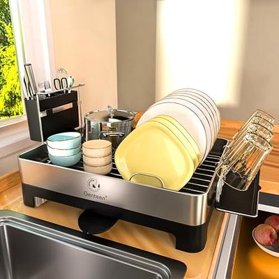 Basicwise Stainless Steel Dish Rack with Plastic Drain Board and Utensil Cup