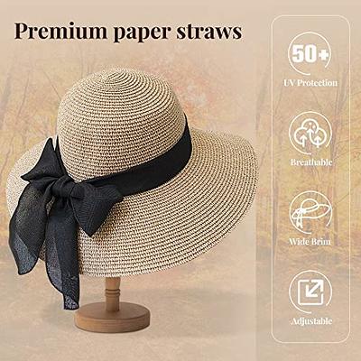 Ladies Wide Brim Floppy Straw Sun Hat with Bowknot, Khaki