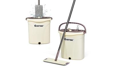 Costway Flat Squeeze Mop Bucket 2 Pcs Microfiber Pad Hand-Free - See Details - Mops - White