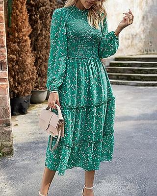 NOLLSOM Women 2023 Fall Dress Floral Boho Dress Casual Long Sleeve Crew Neck  Ruffle A-Line Flowy Wedding Guest Maxi Dresses(Green Pink Flower,Medium) -  Yahoo Shopping