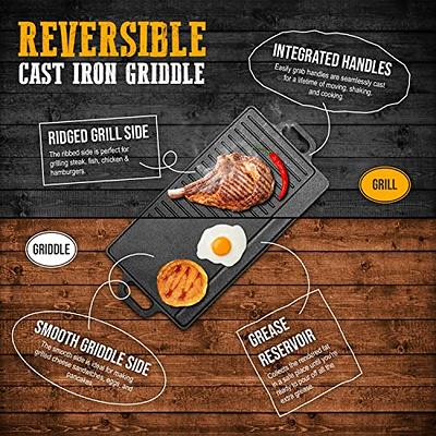 Cast Iron Griddle, Plus Cast Iron Grill Press & Pan Scrapers - Reversible  Grill/Griddle for Stove top, Gas, Preseasoned & Non-Stick, measure 17 x 9