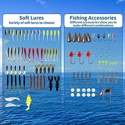 DEAPEICK Fishing Lure kits Fishing Bait Tackle Set Include Pencil Popper  VIB Forg Topwater Lures for Bass Trout and Senko Spear T-Tail Shad  Chartreuse Ned Jig Heads Texas Rig (113pcs wit a