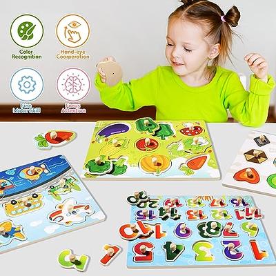 Toddler Puzzles and Rack Set, Wooden Peg Puzzles Bundle with Storage Holder  Rack, Educational Knob Puzzle for Kids Age 2 3 4 Years - Shape 