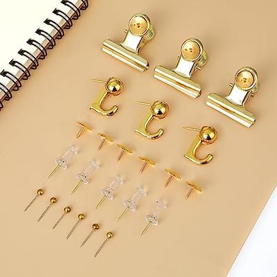 465 Pcs Gold Push Pins Set, Gold Thumb Tacks Gold Push Pins for Cork Board  with Hook Clips, 5 Styles Decorative Push Pins Bulldog Clips for School