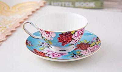 BTäT- Floral Tea Cups and Saucers, Set of 4 (7oz) with Gold Trim and Gift  Box