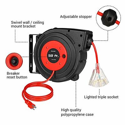 DEWENWILS Retractable Cord Reel, 60FT Heavy Duty Extension Cord, 12AWG/3C  SJTOW, 3 Grounded Outlets Lighted Triple Tap, 15A Circuit Breaker, Wall/Ceiling  Mounted for Garage, Workshop, UL Listed