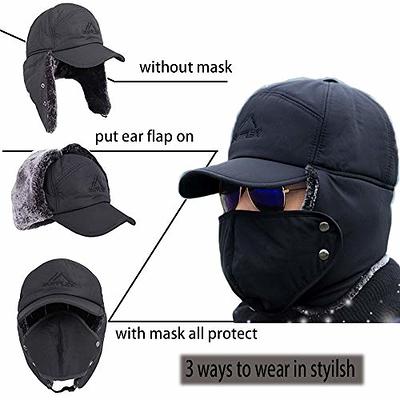 Winter 3 in 1 Thermal Fur Lined Trapper Bomber Hat with Ear Flap Face  Warmer Windproof Baseball Ski Cap