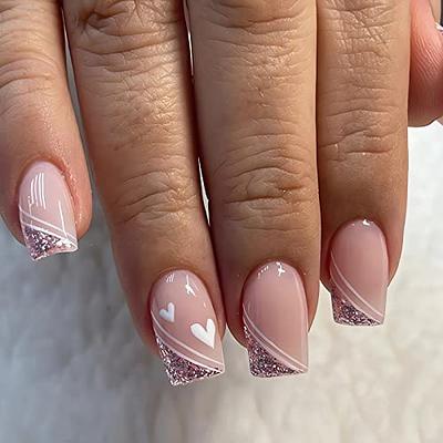 Pretty Pink Glitter Press On Nails Short Square False Nails Gradient French  Nails Art Gel Acrylic Manicure Set Fake Stick on Nails Tips for Women